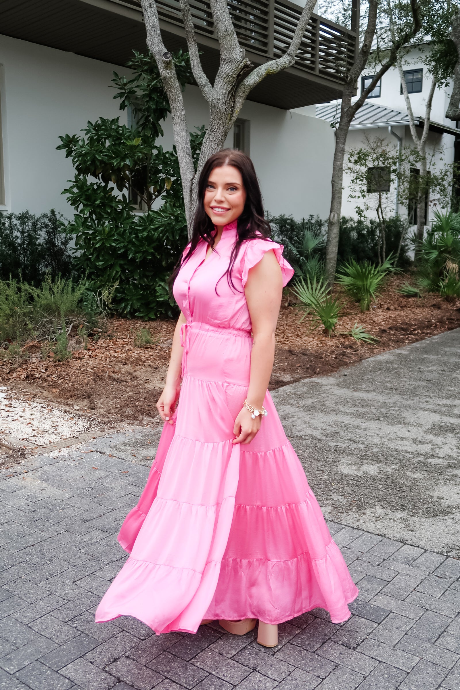 Tiered Tie Waist Midi Dress