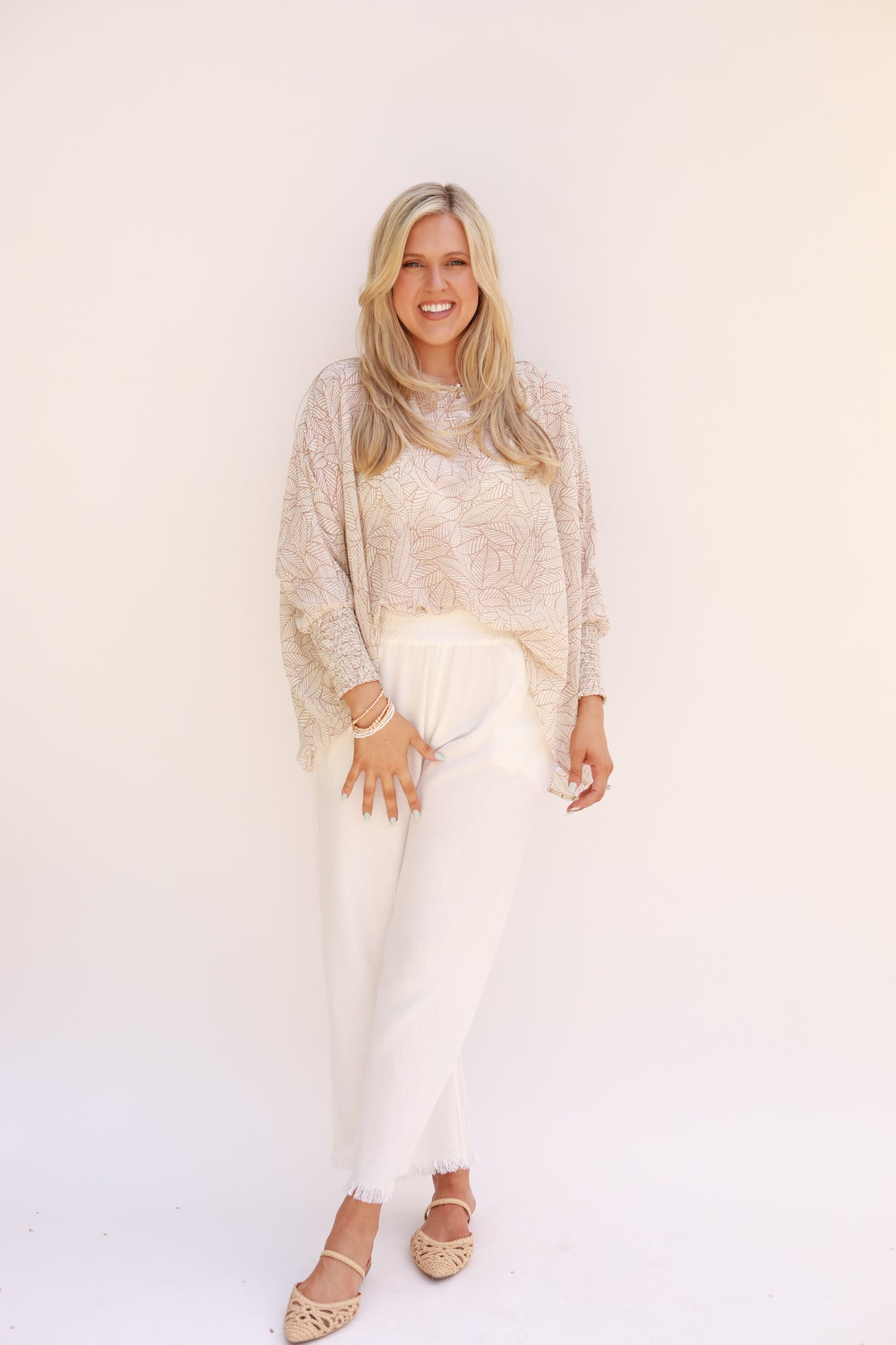 Smocked Cuffed Leaf Print Top