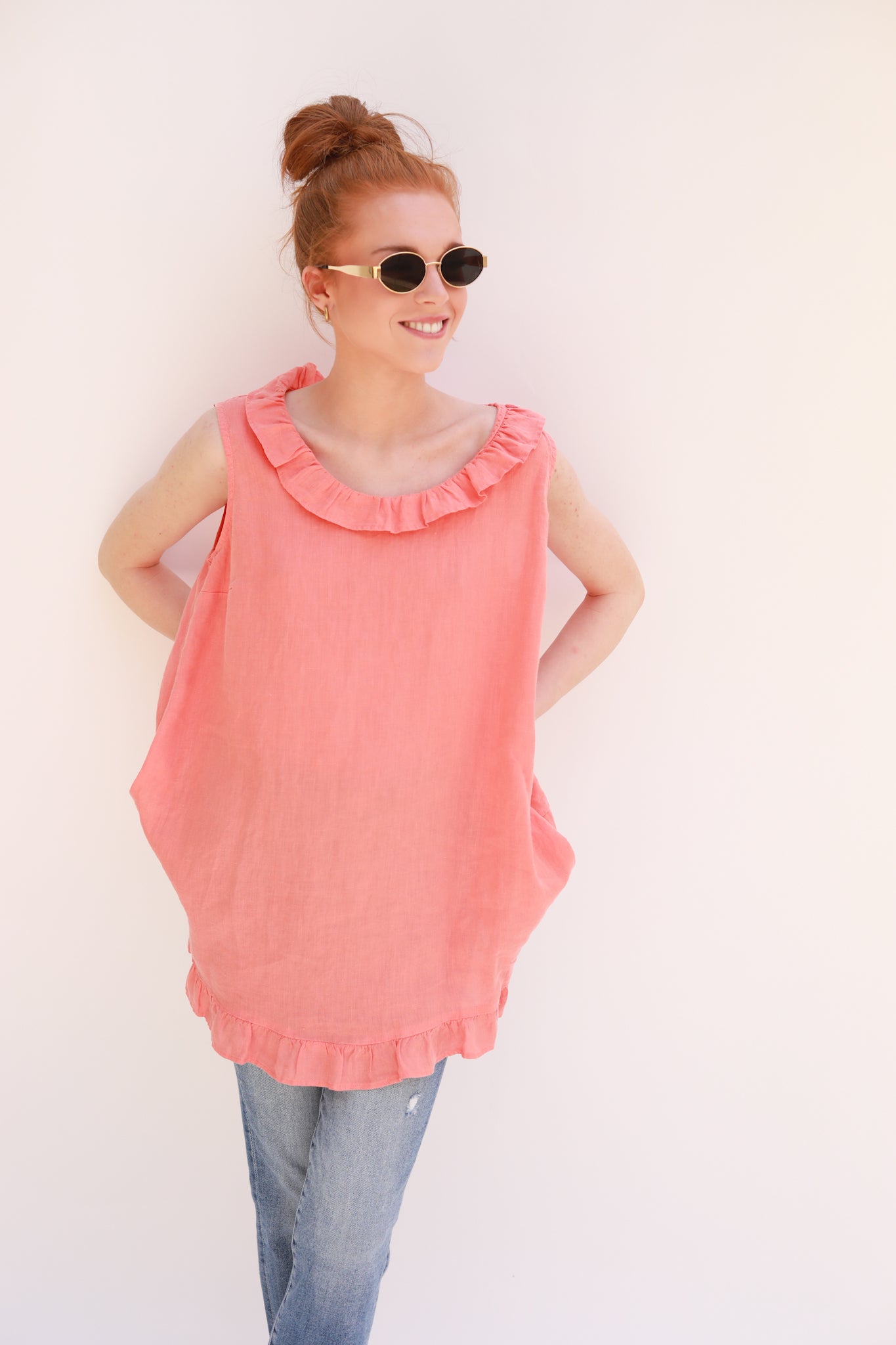 Sleeveless Ruffle Neck Linen Top