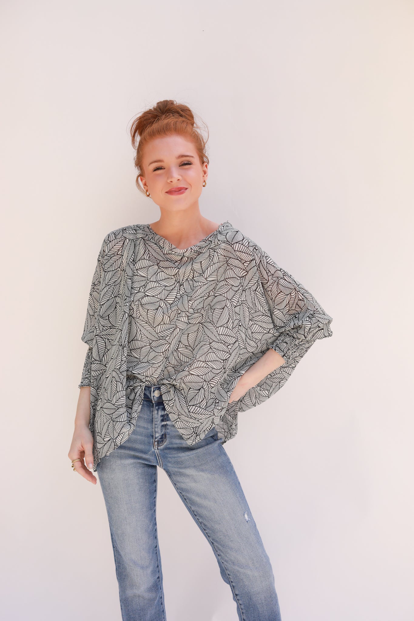 Smocked Cuffed Leaf Print Top