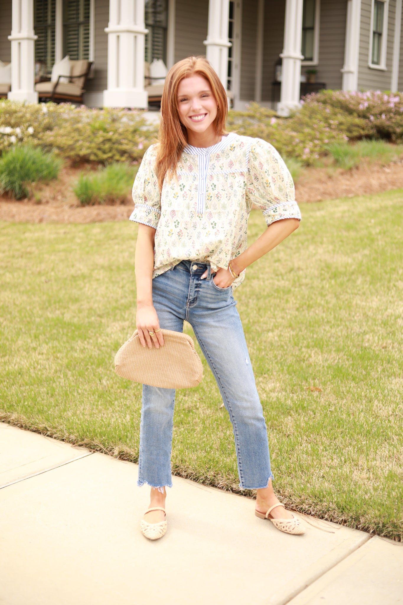 Floral Stripe Trim Top