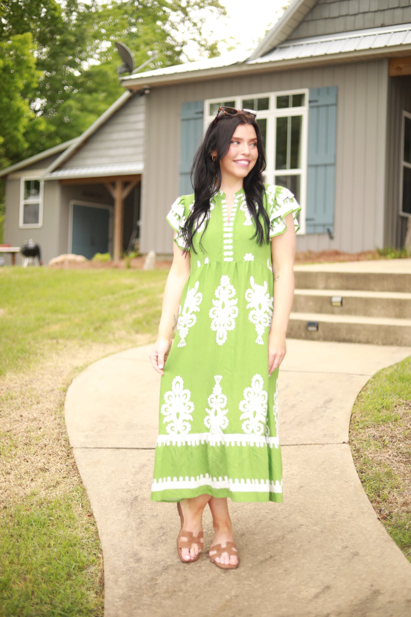 White Print Ruffle Midi Dress
