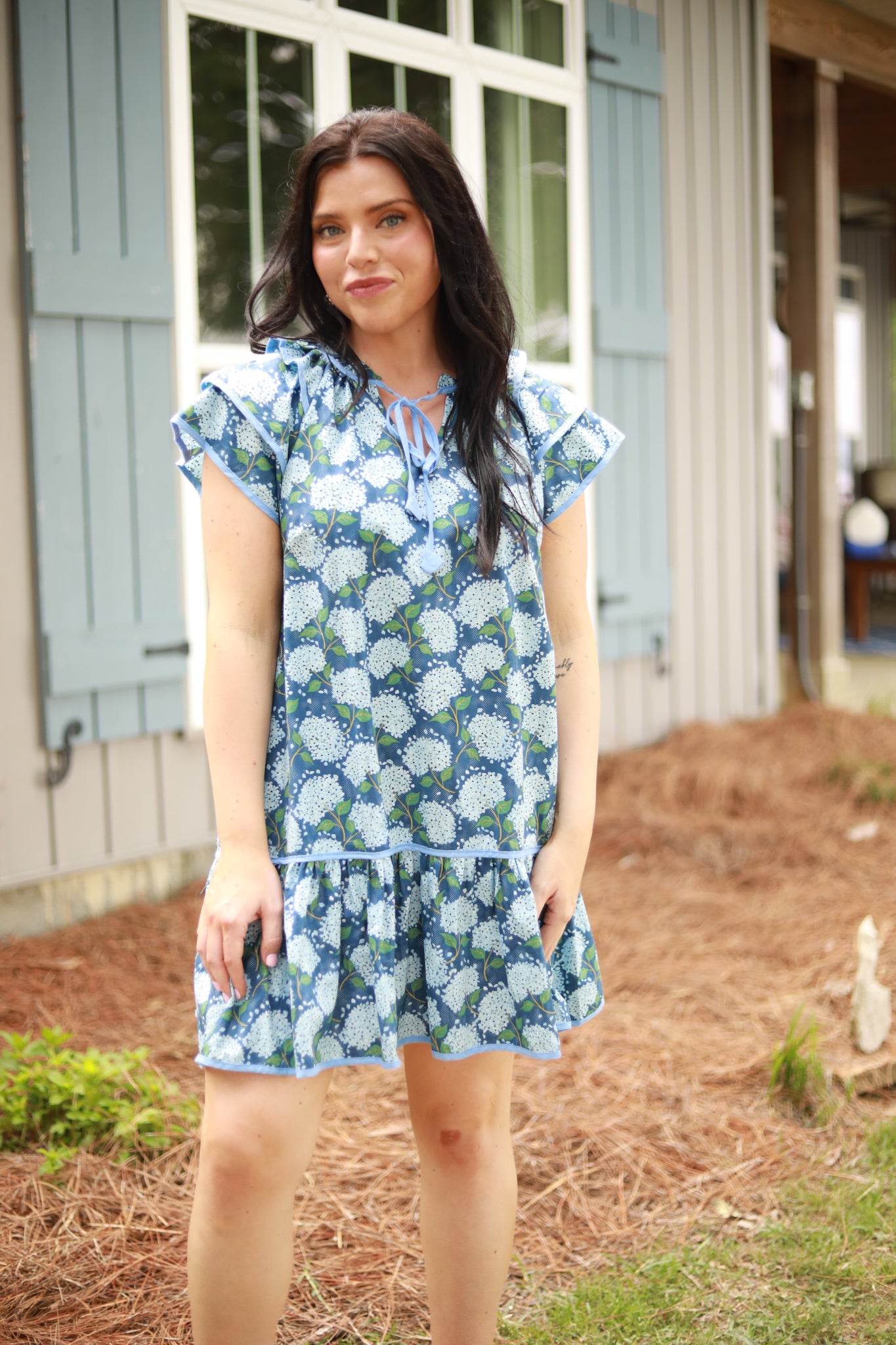 Hydrangea Ruffle Sleeve Dress