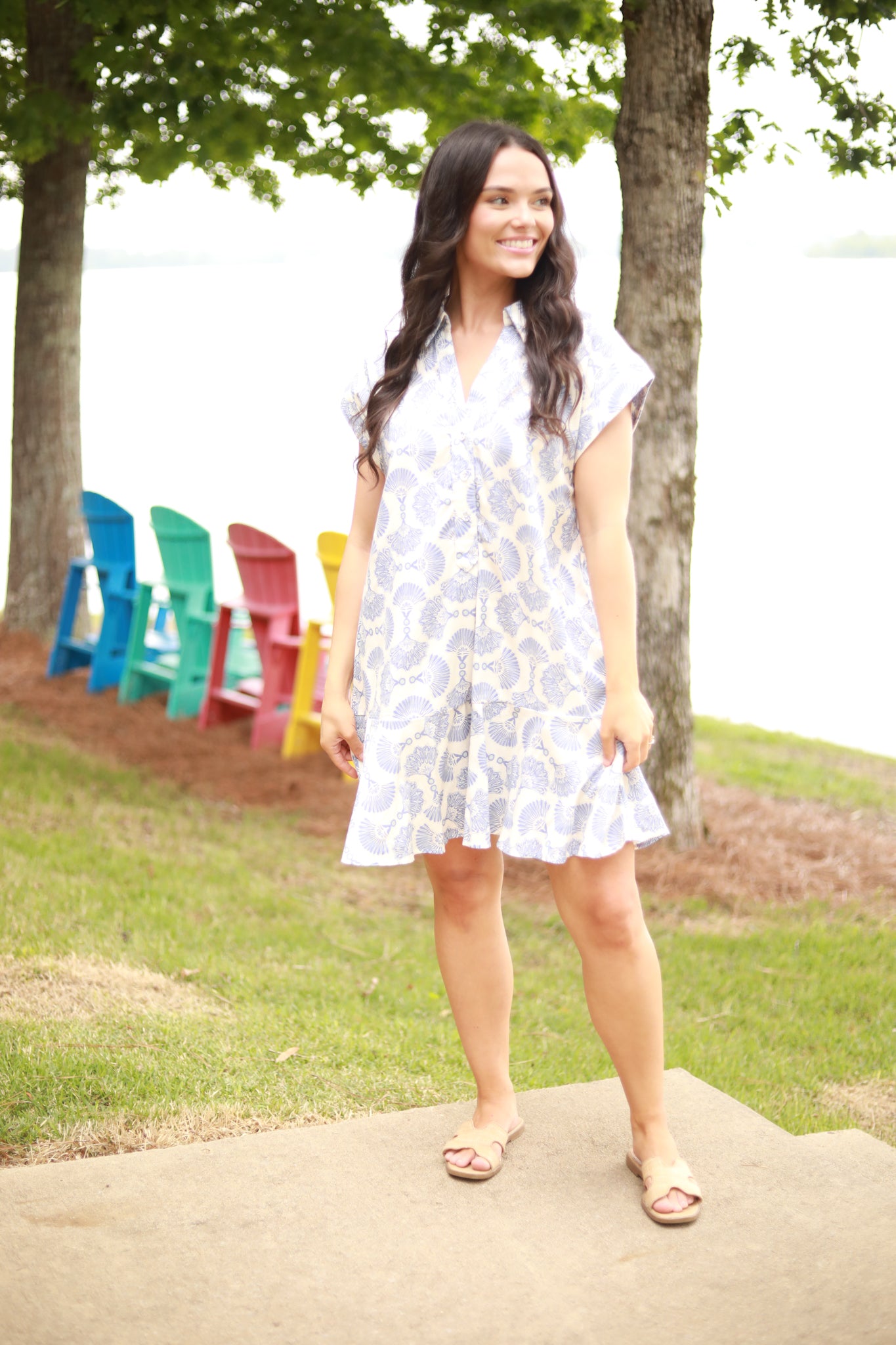 Fan Print Button Down Dress