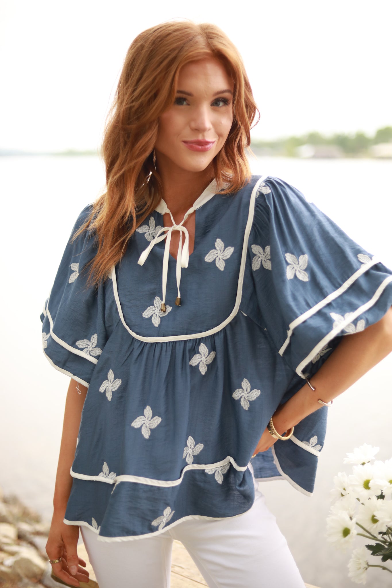 White Embroidered Square Yoke Top