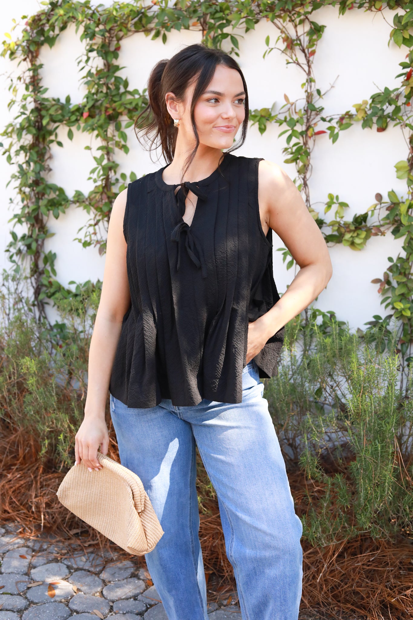 Sleeveless Tucked Tie Front Top