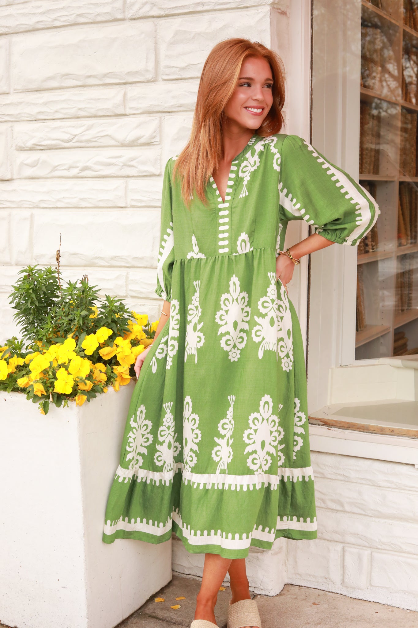 White Scroll Print Midi Dress