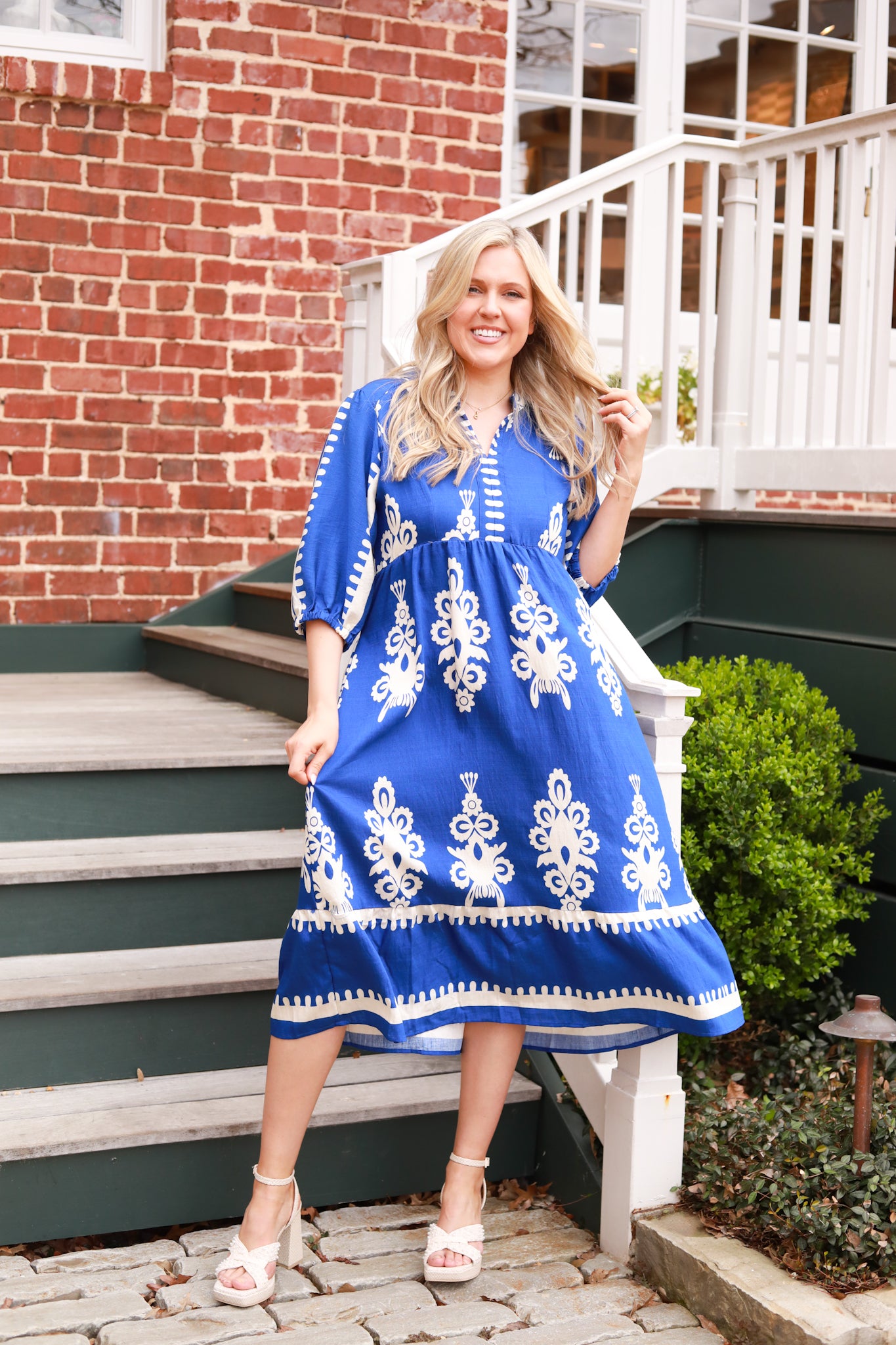 White Scroll Print Midi Dress