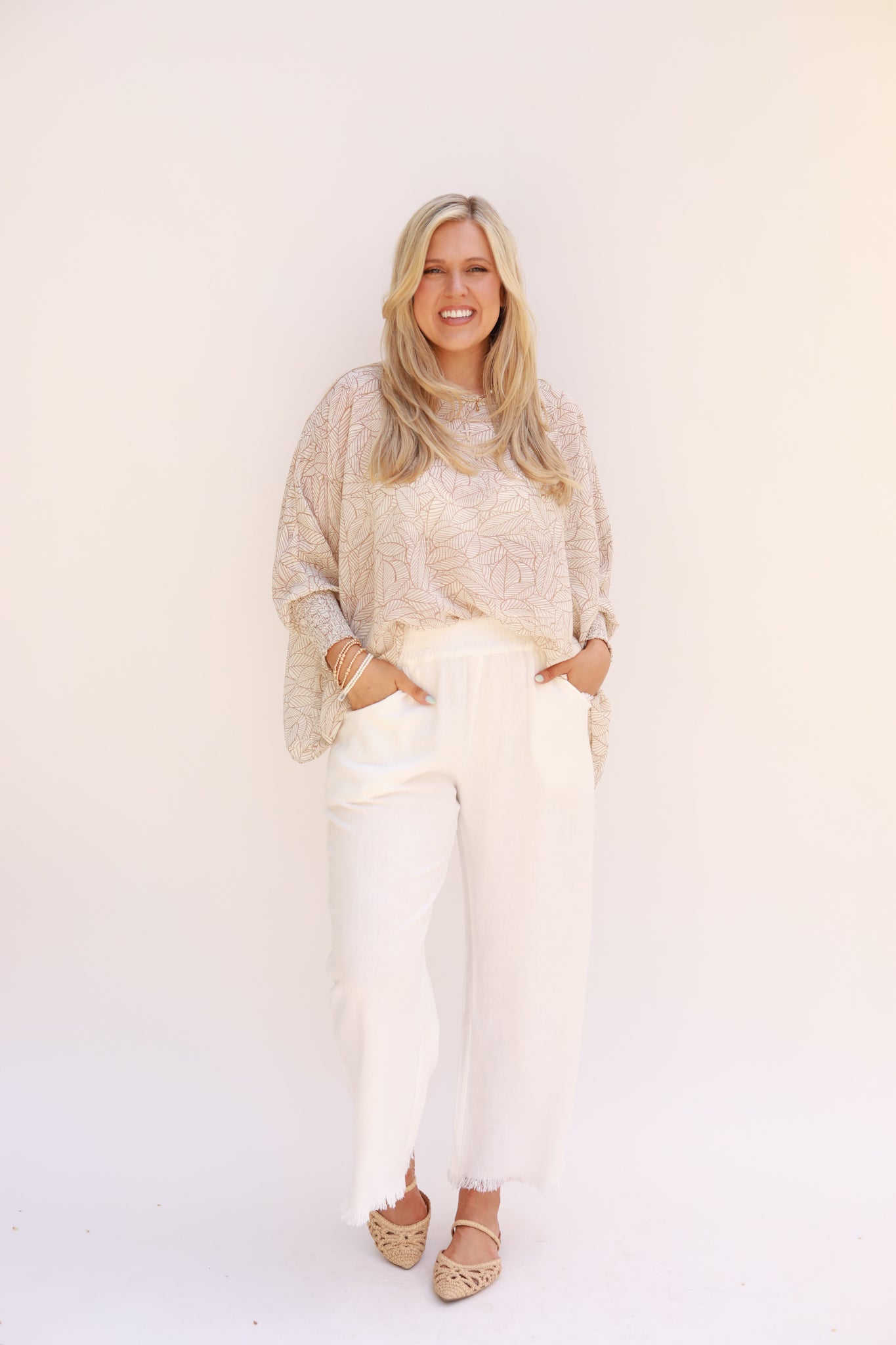 Smocked Cuffed Leaf Print Top