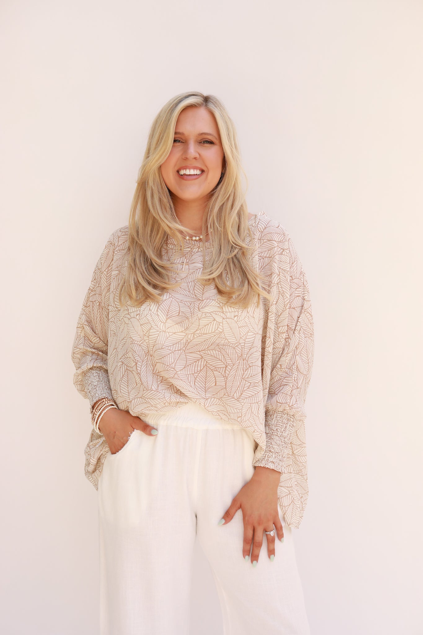 Smocked Cuffed Leaf Print Top