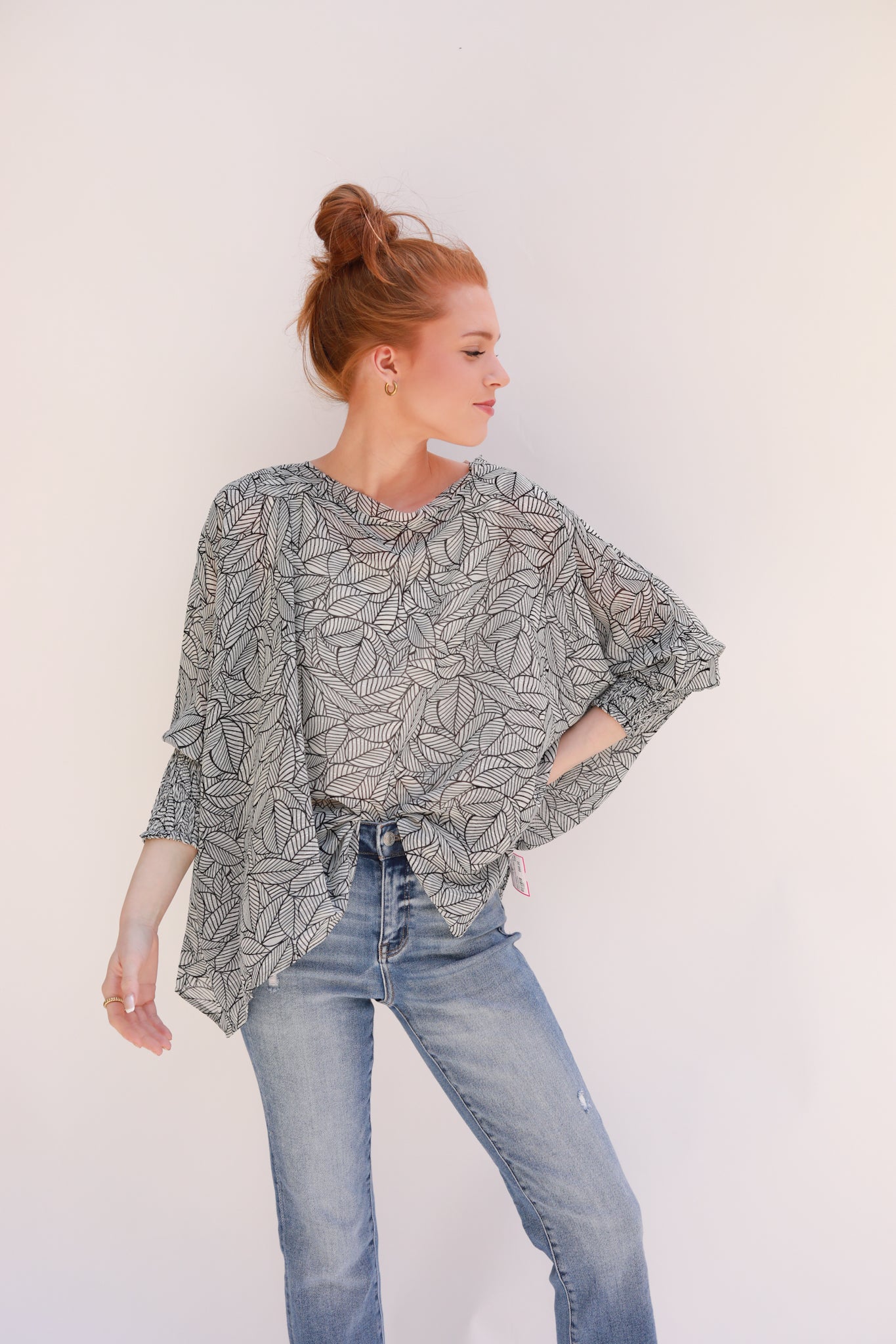 Smocked Cuffed Leaf Print Top
