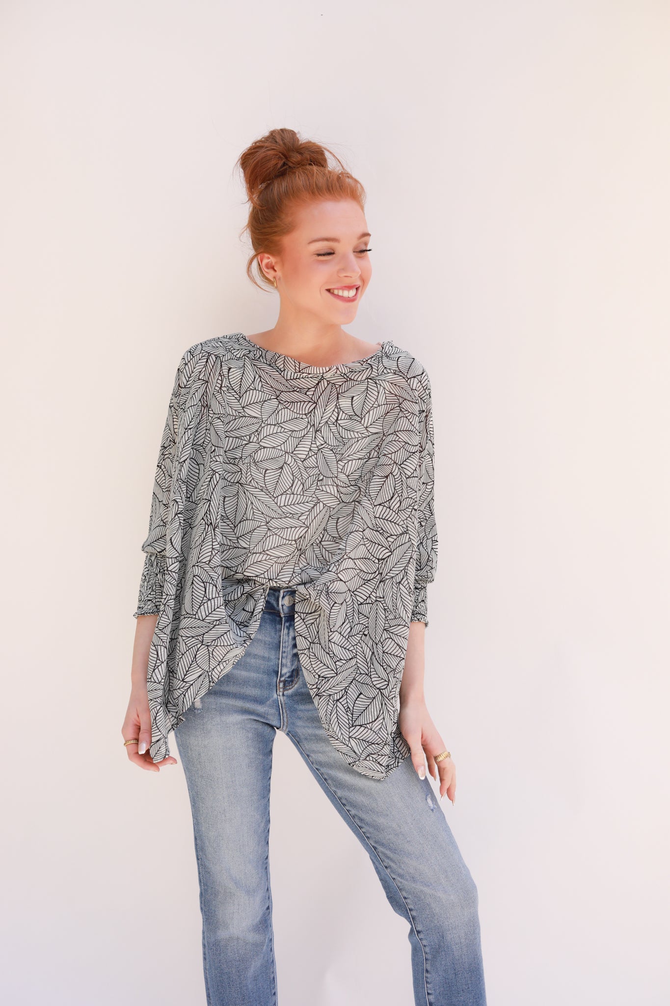 Smocked Cuffed Leaf Print Top