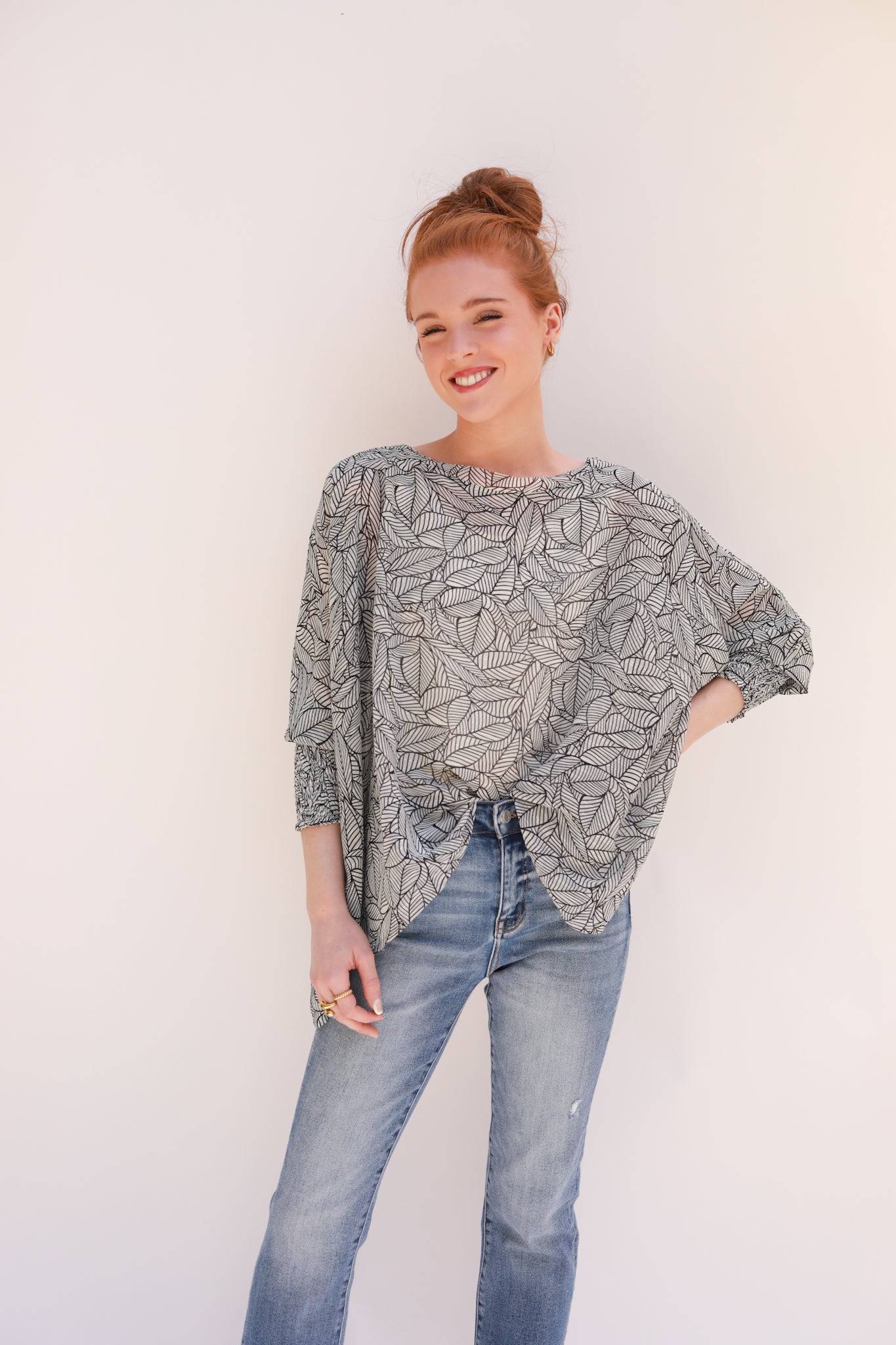 Smocked Cuffed Leaf Print Top