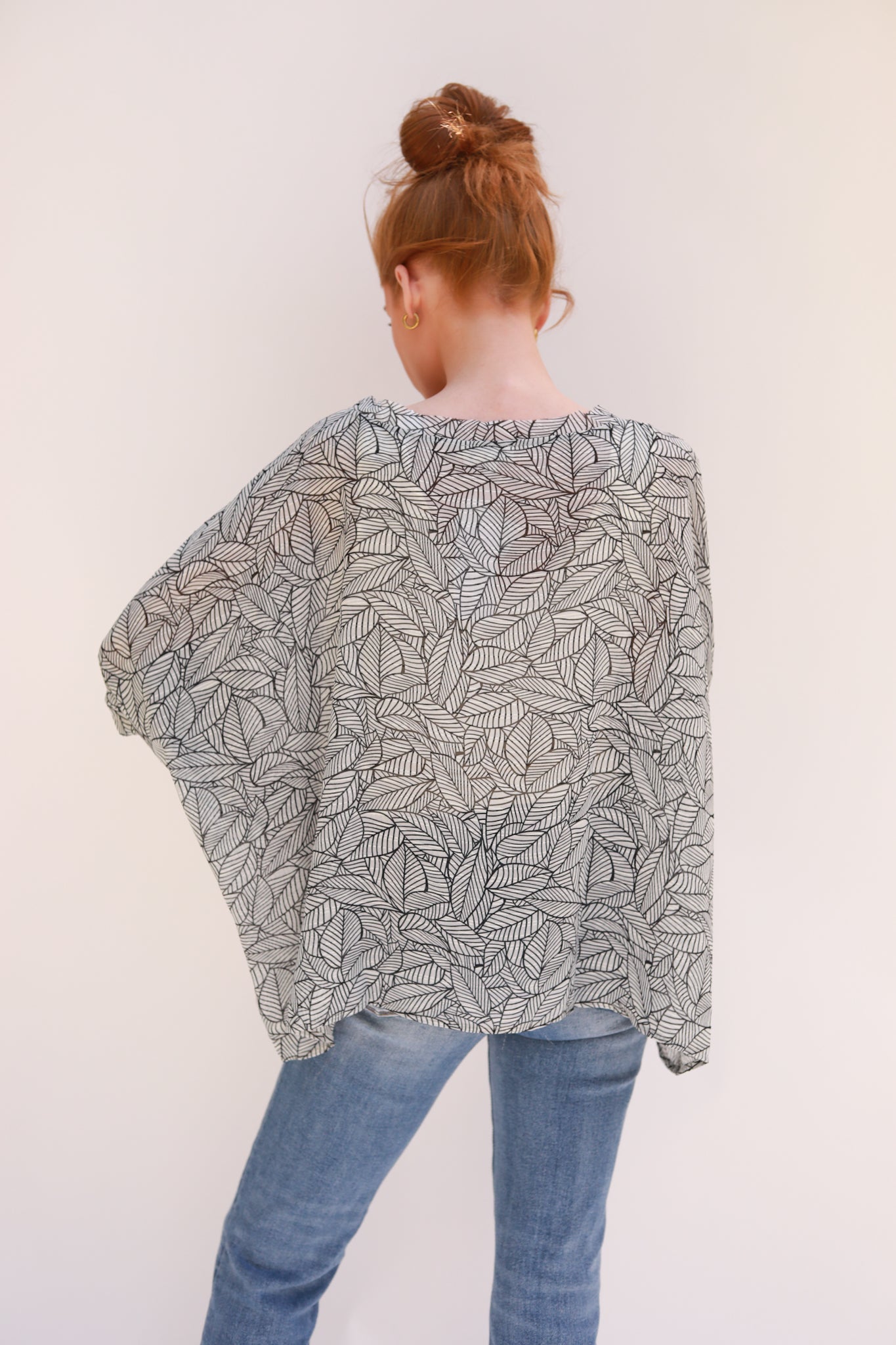 Smocked Cuffed Leaf Print Top