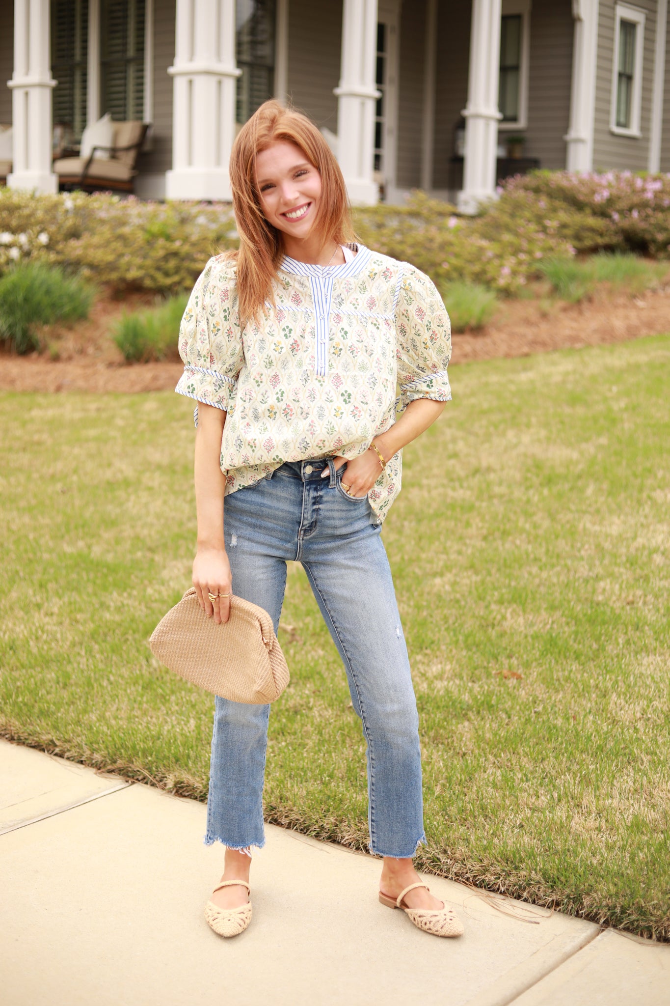 Floral Stripe Trim Top