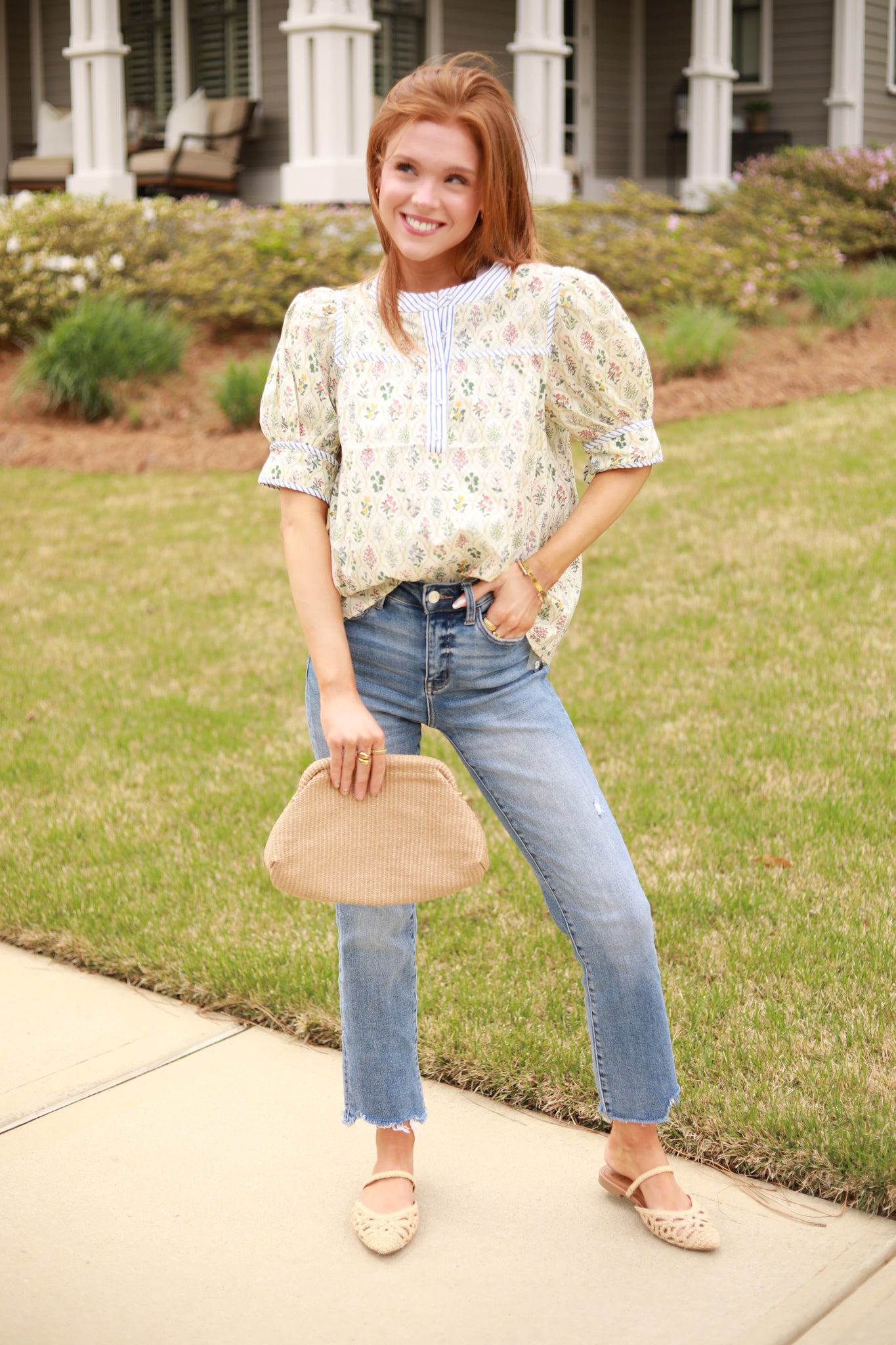 Floral Stripe Trim Top