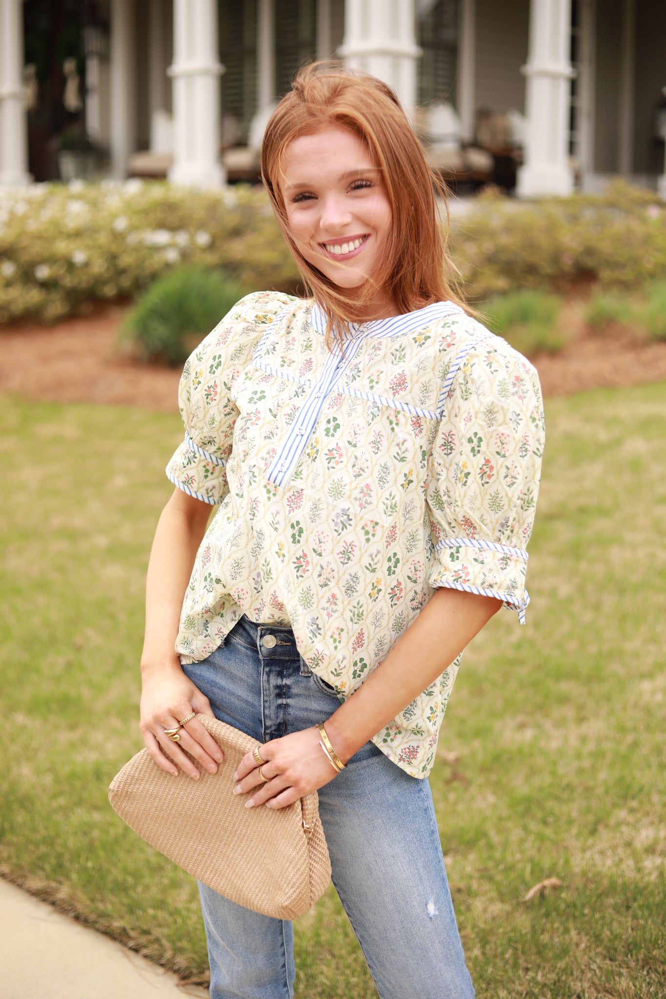 Floral Stripe Trim Top