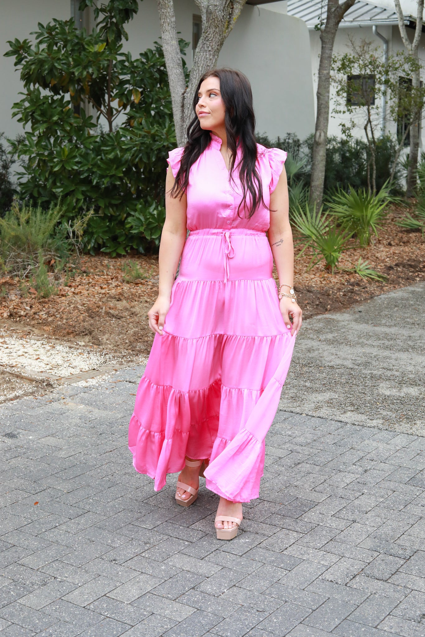 Tiered Tie Waist Midi Dress