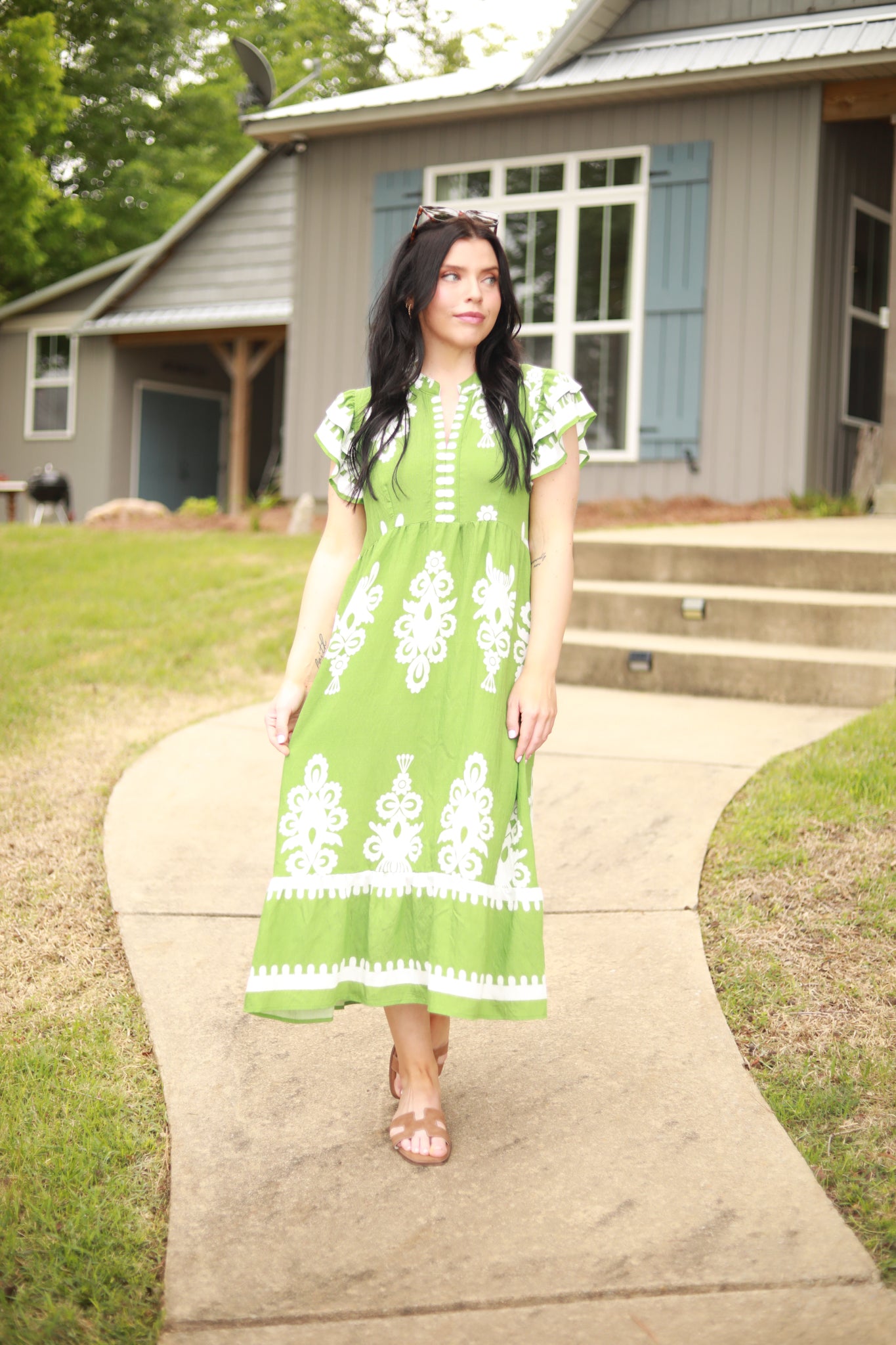 White Print Ruffle Midi Dress