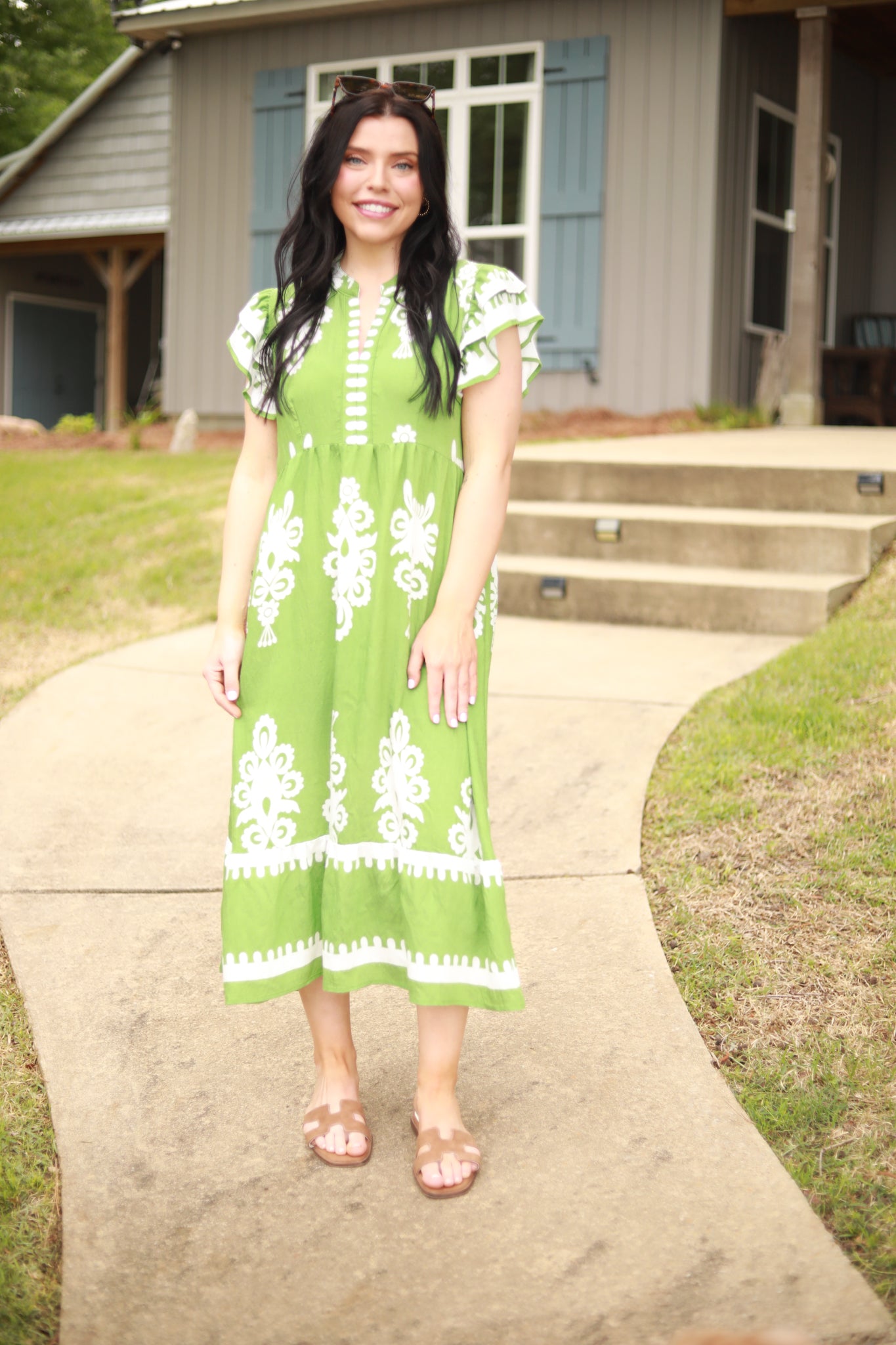 White Print Ruffle Midi Dress