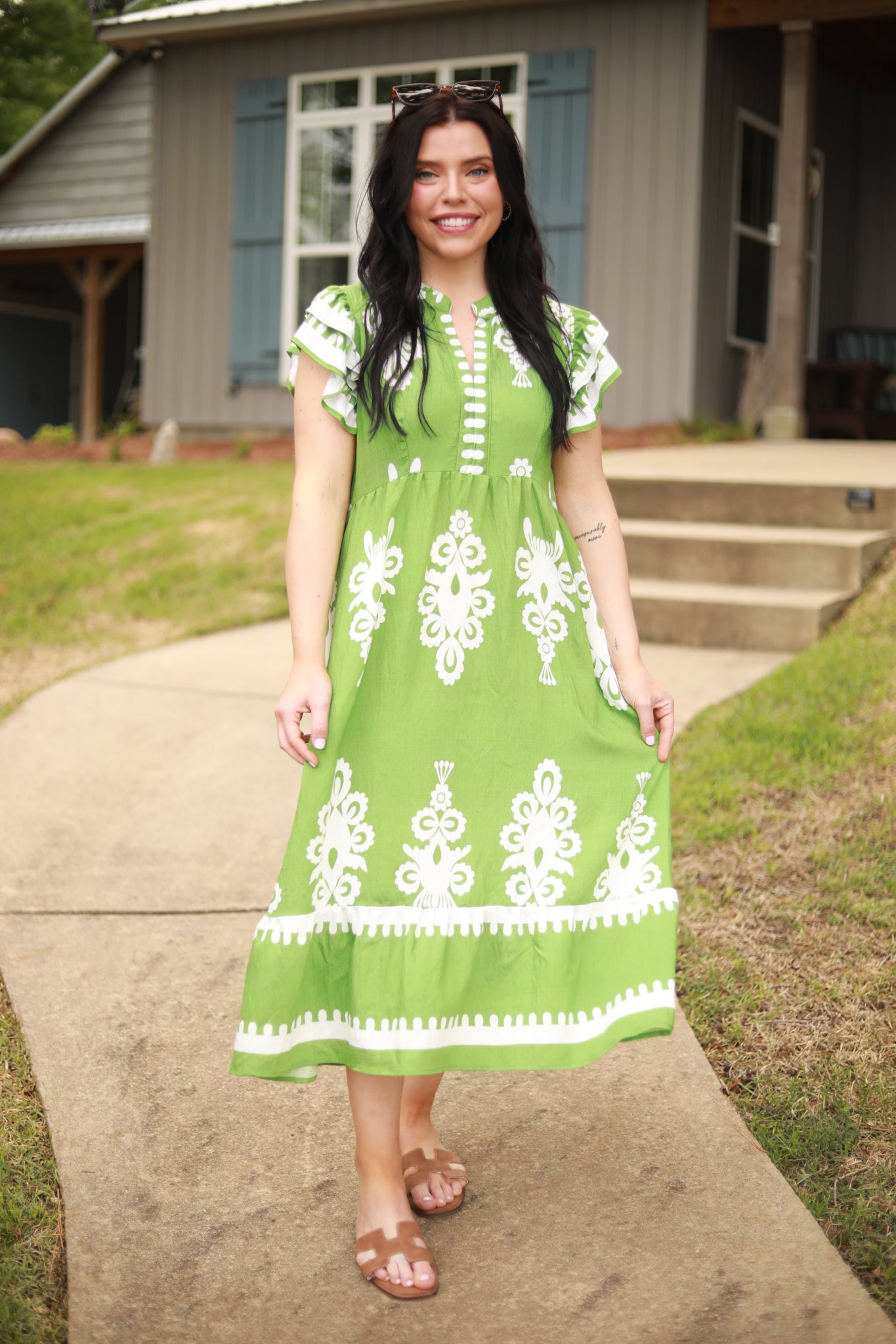White Print Ruffle Midi Dress