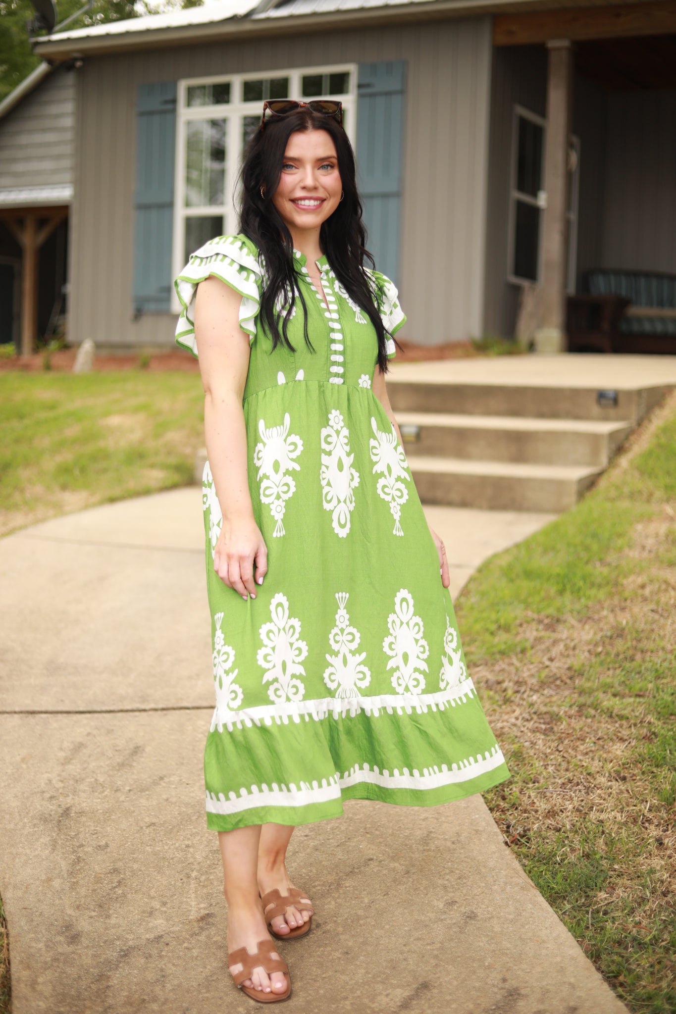 White Print Ruffle Midi Dress