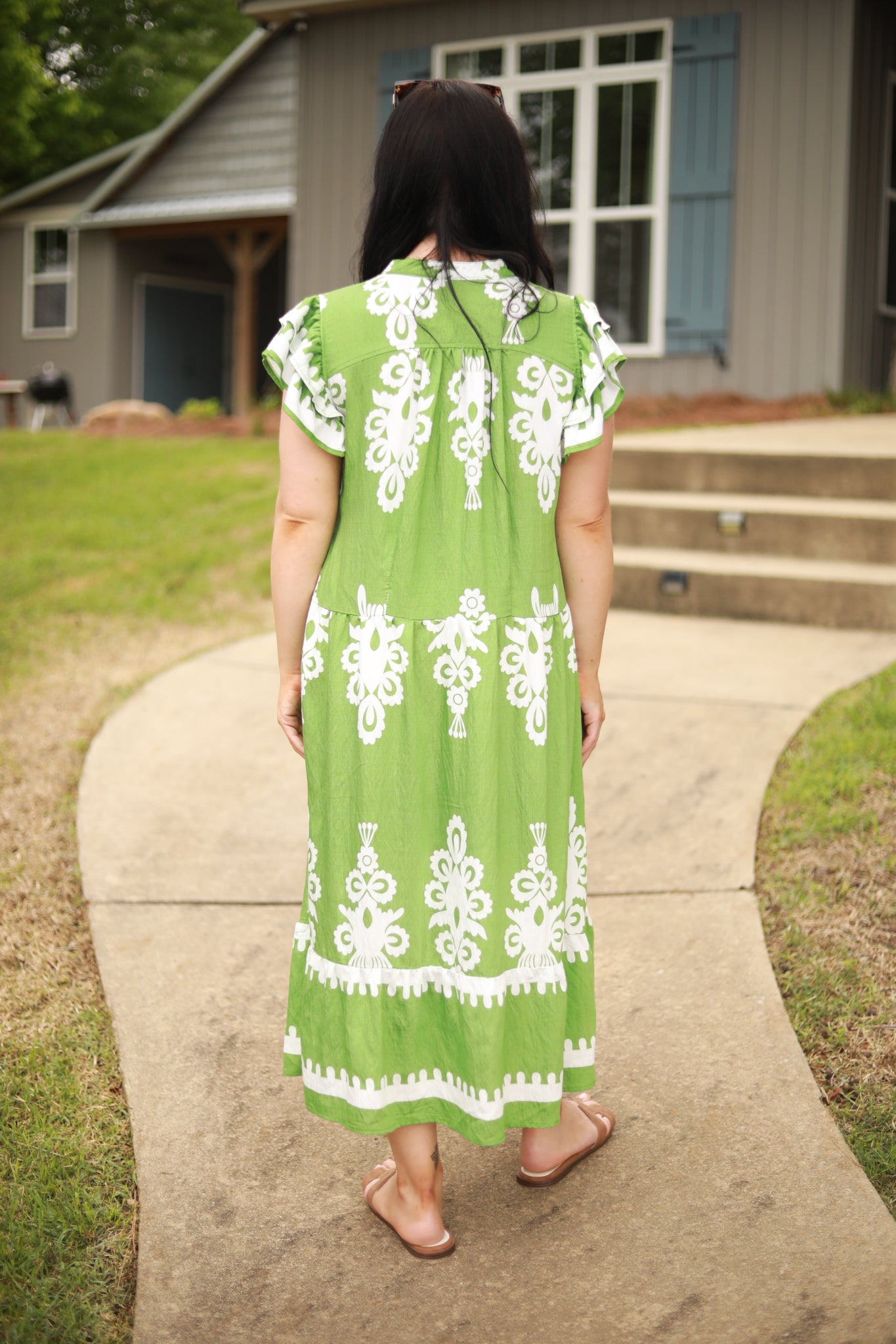 White Print Ruffle Midi Dress