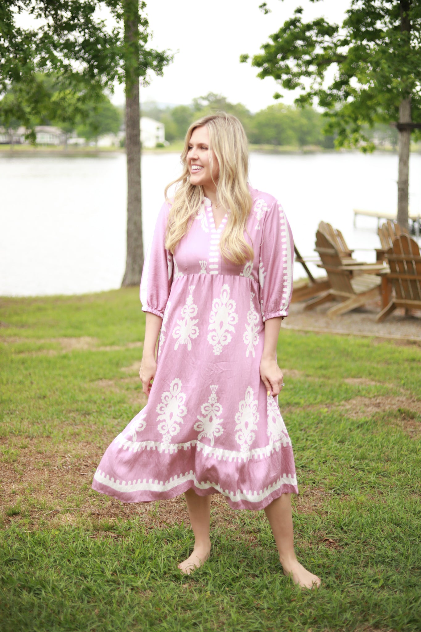 White Scroll Print Midi Dress