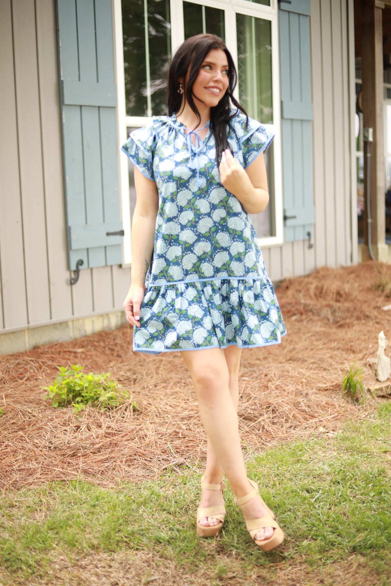 Hydrangea Ruffle Sleeve Dress
