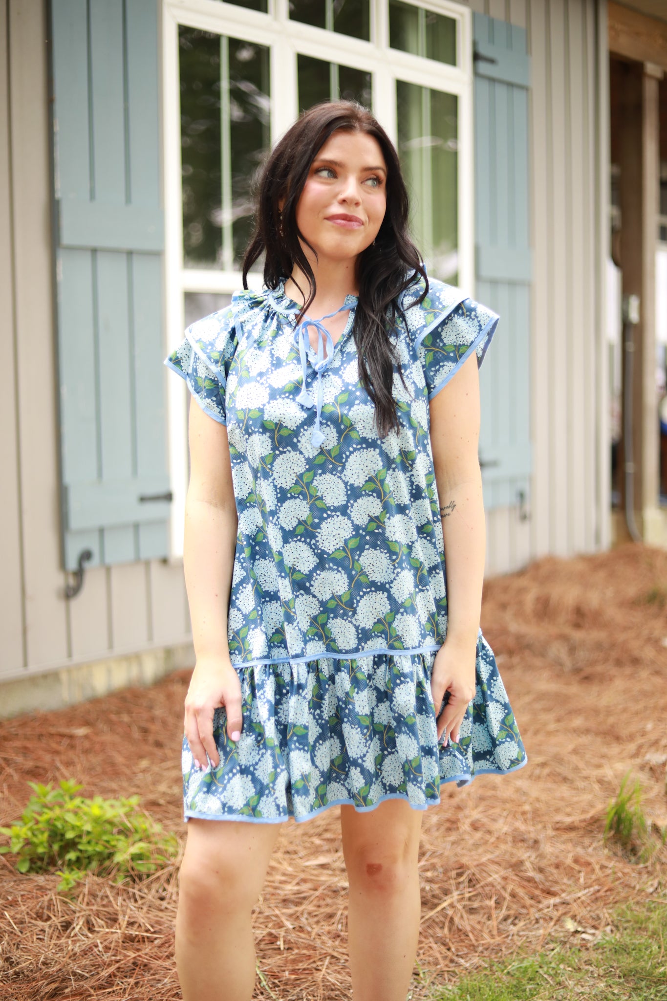 Hydrangea Ruffle Sleeve Dress