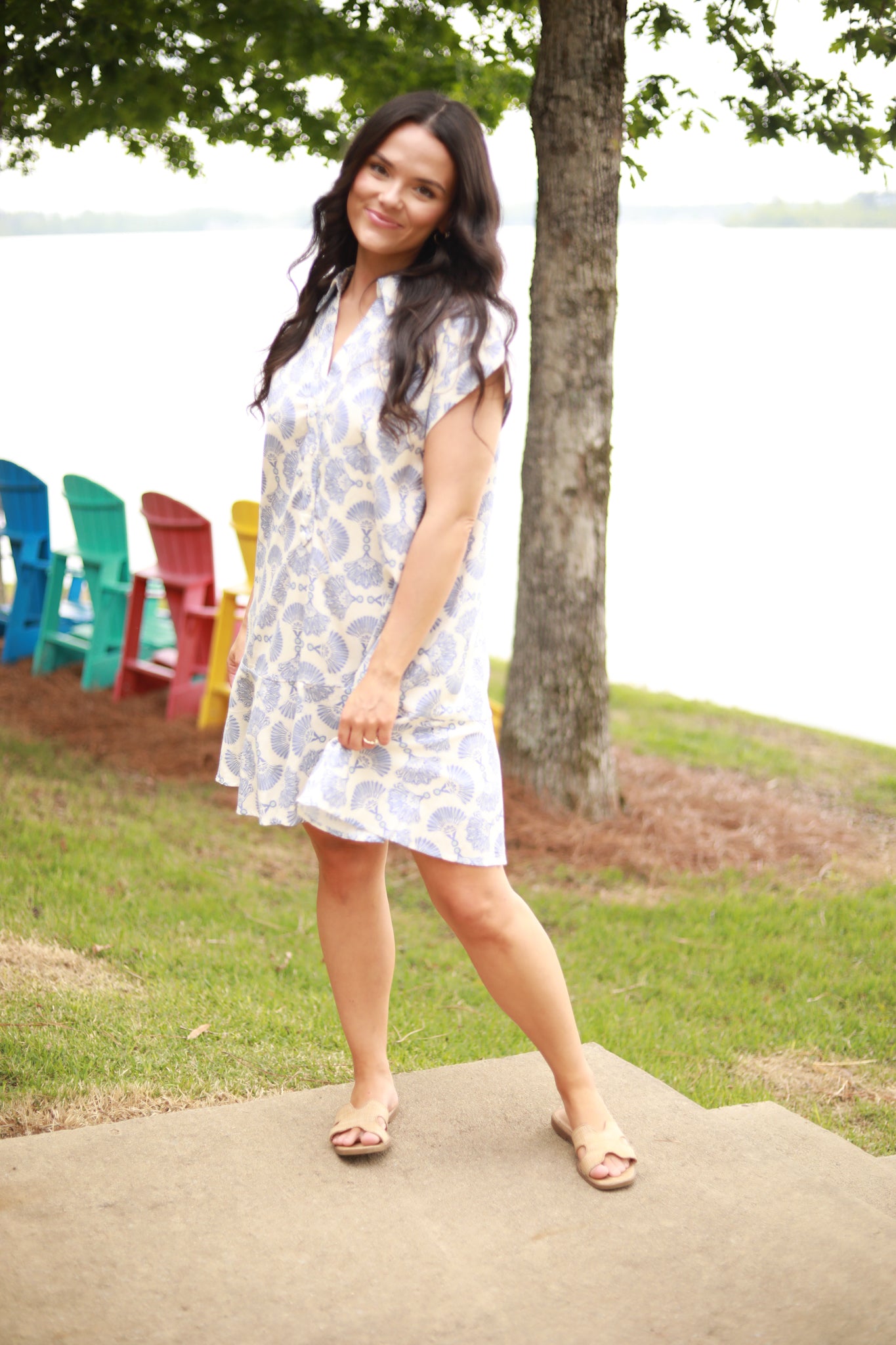 Fan Print Button Down Dress