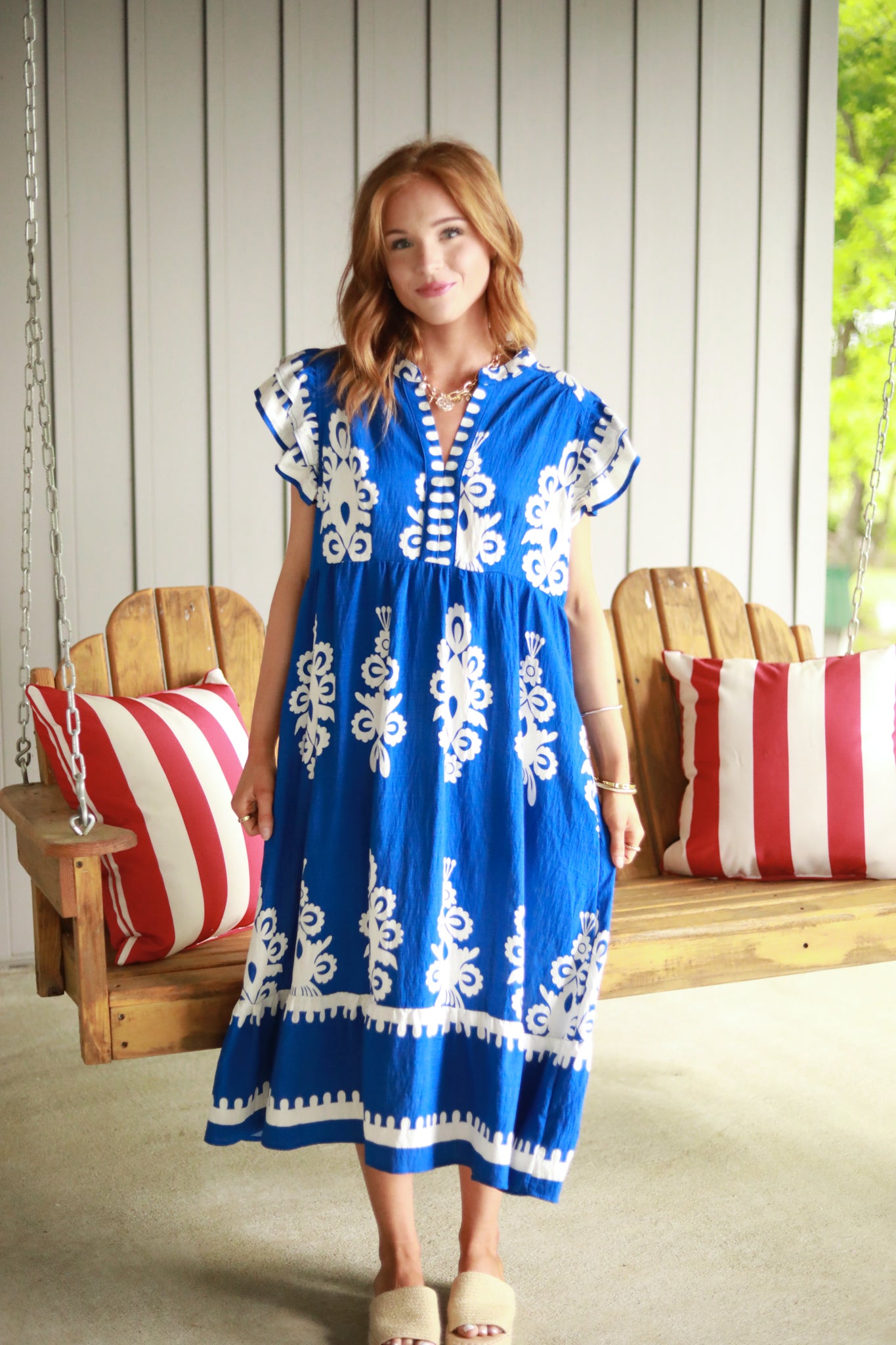 White Print Ruffle Midi Dress