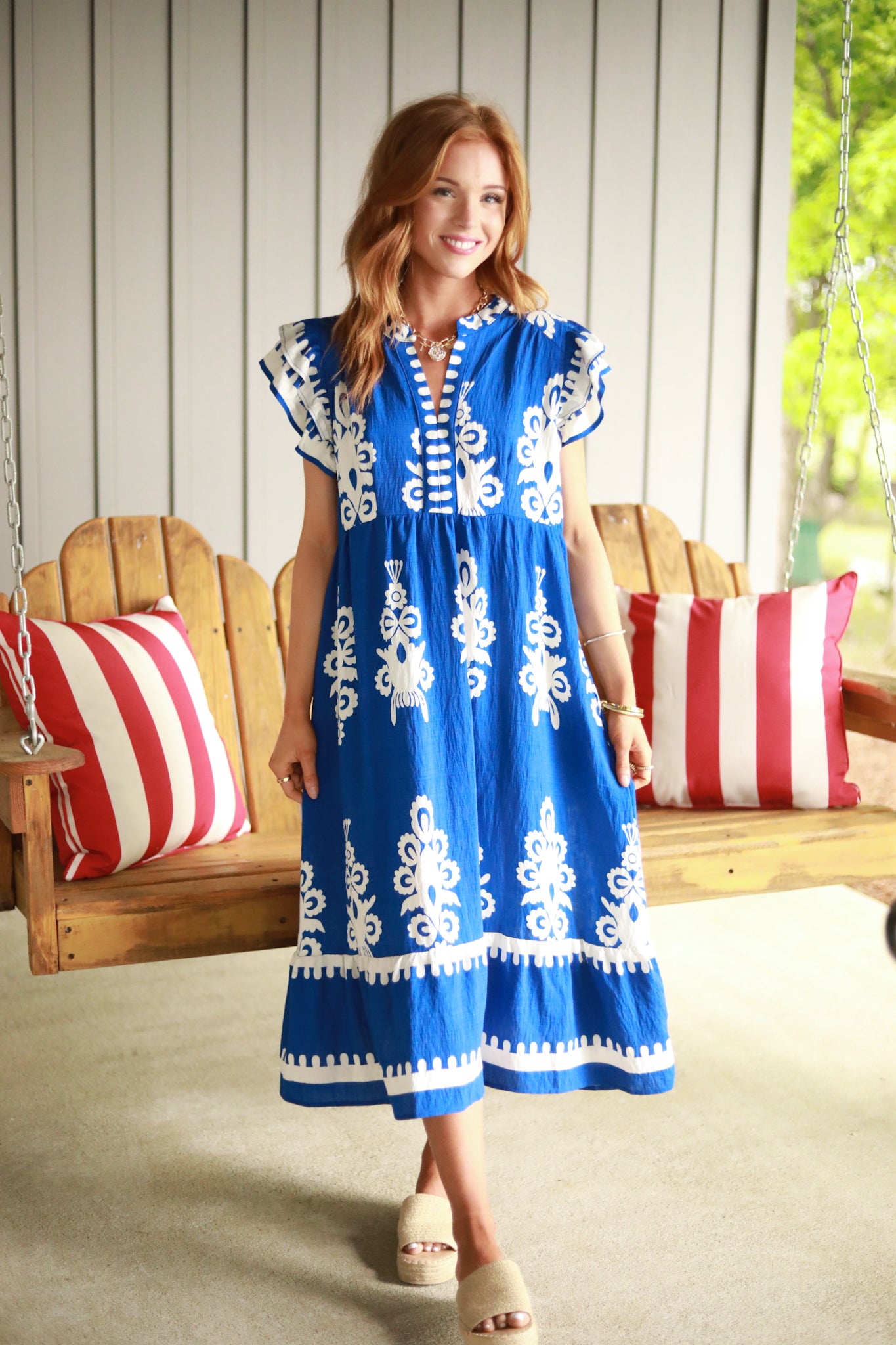 White Print Ruffle Midi Dress