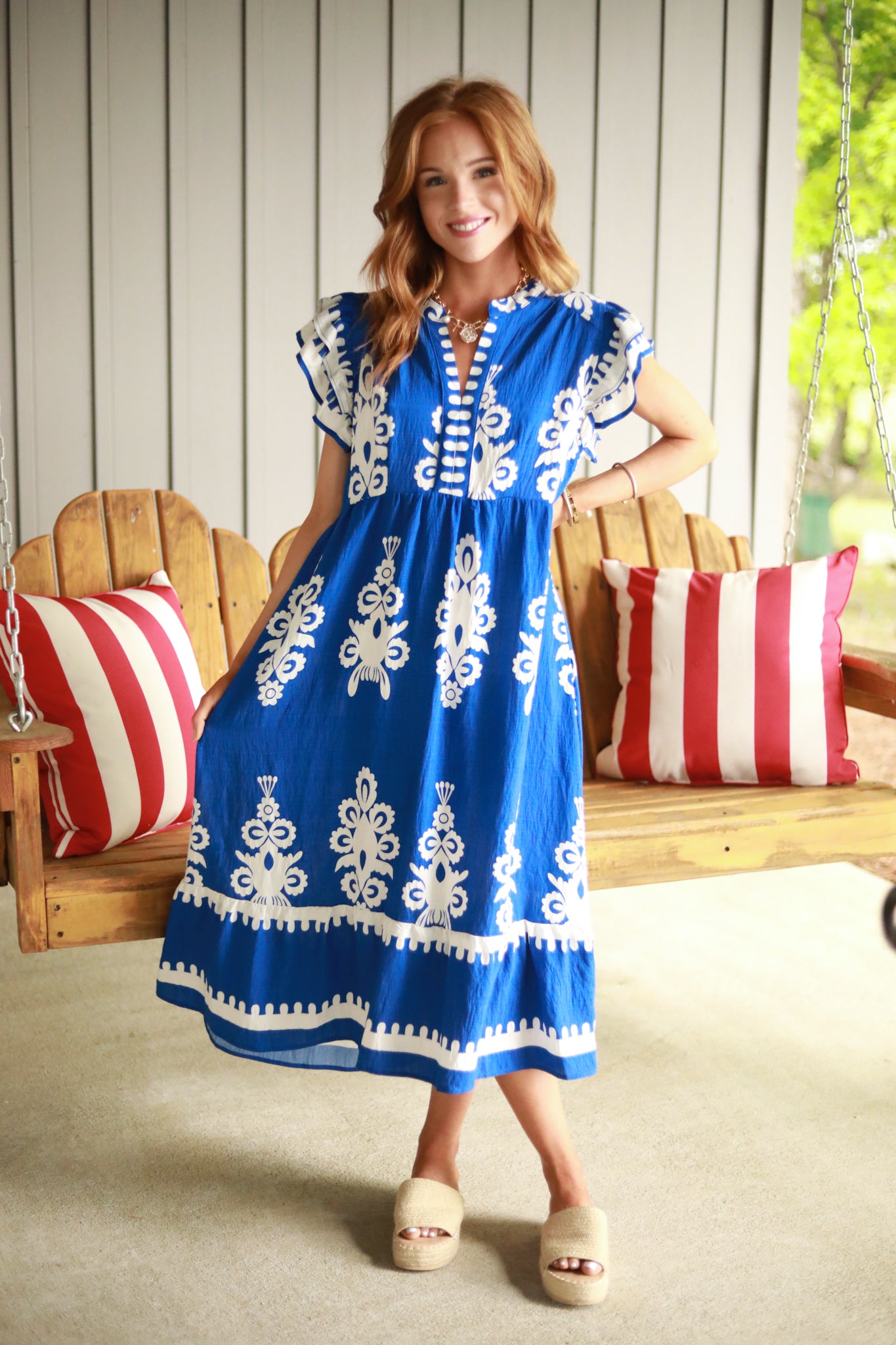 White Print Ruffle Midi Dress