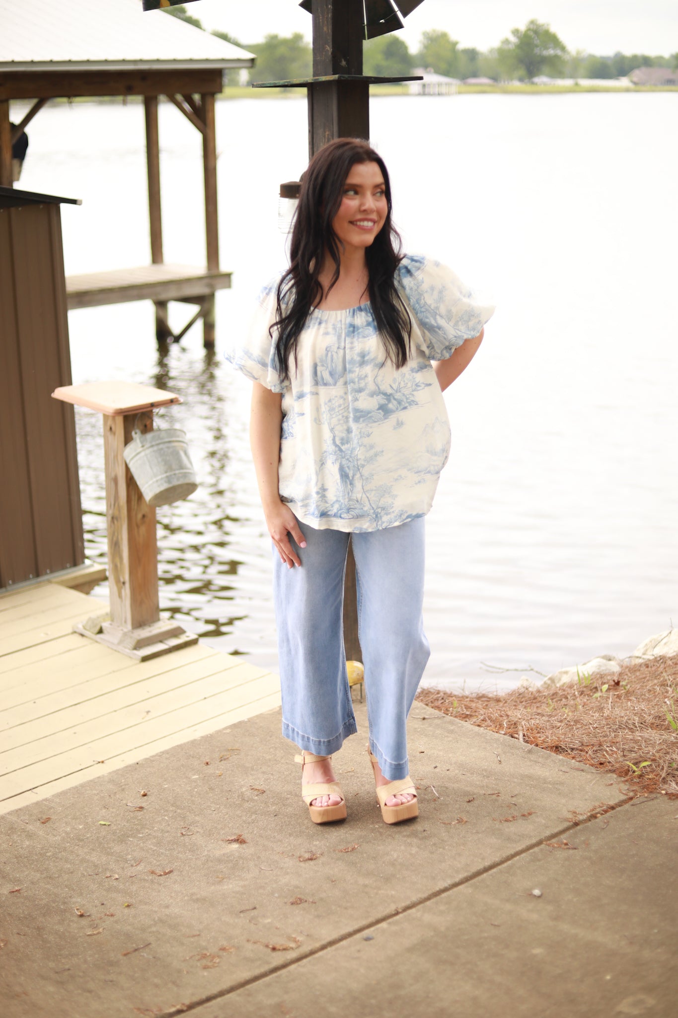 Toile Print Puff Sleeve Top
