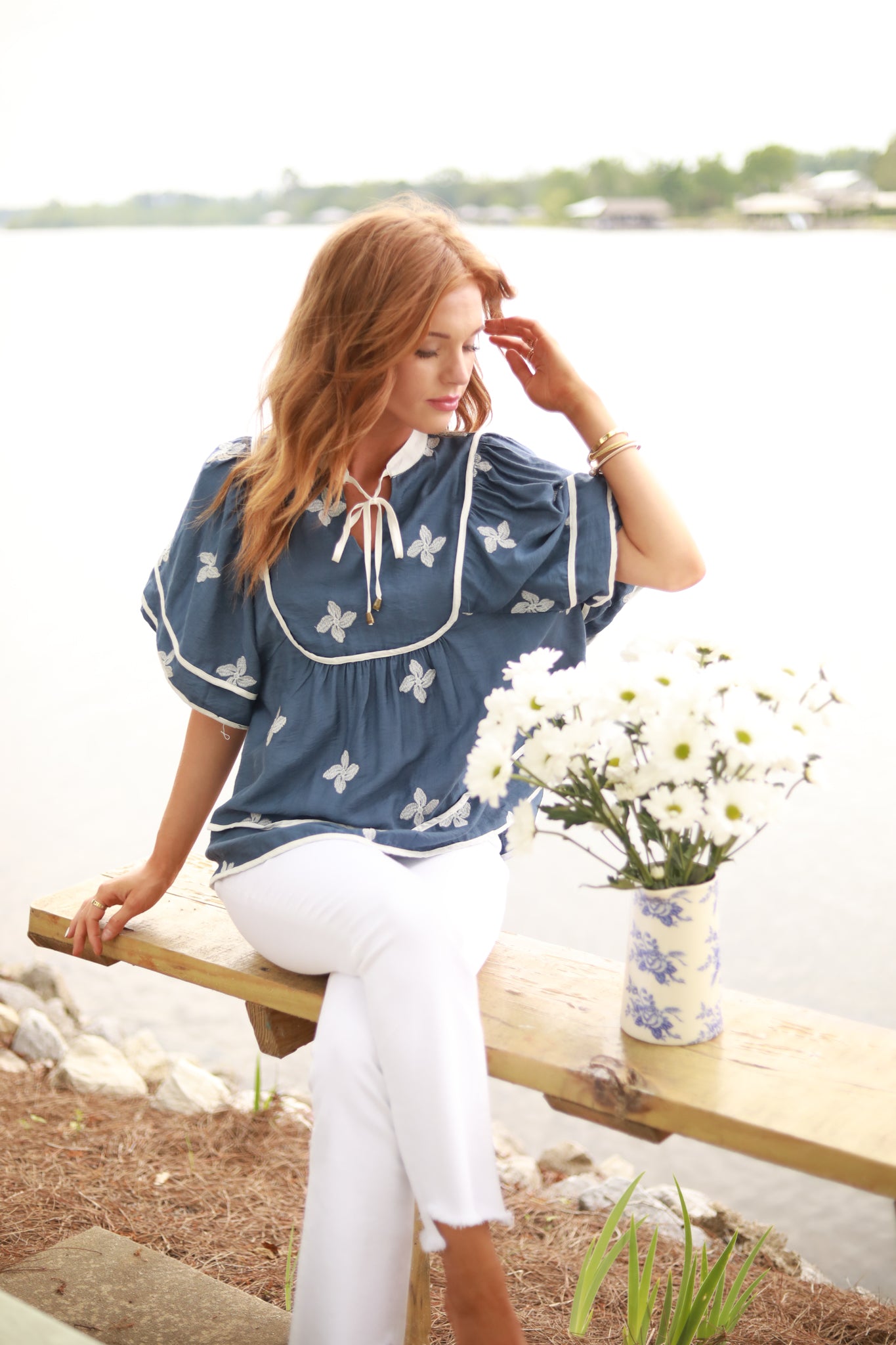 White Embroidered Square Yoke Top