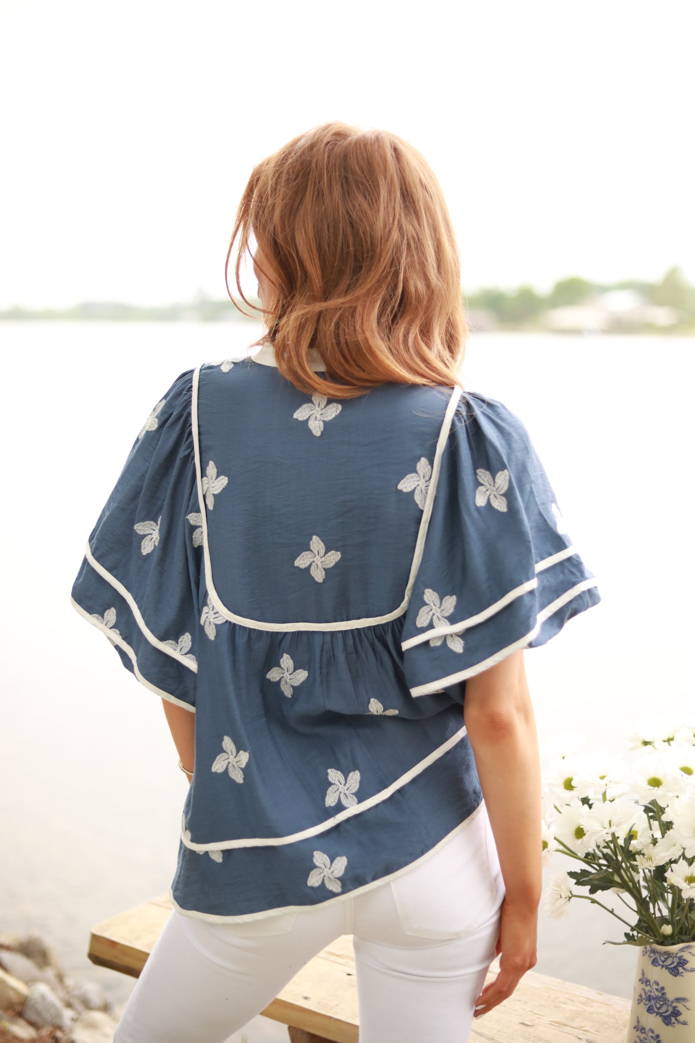 White Embroidered Square Yoke Top