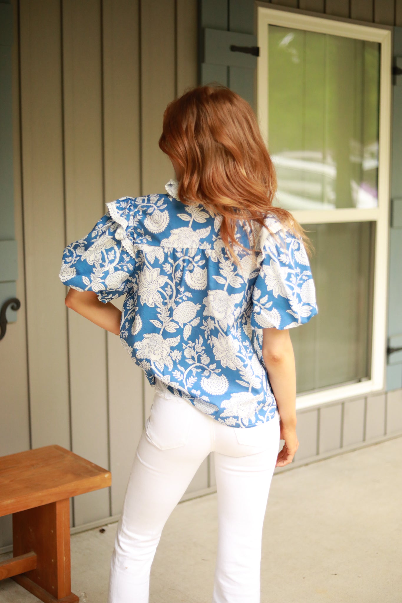 White Print Lace Trim Top