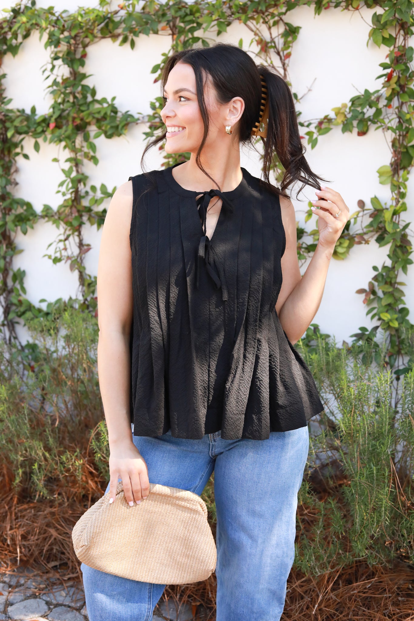 Sleeveless Tucked Tie Front Top