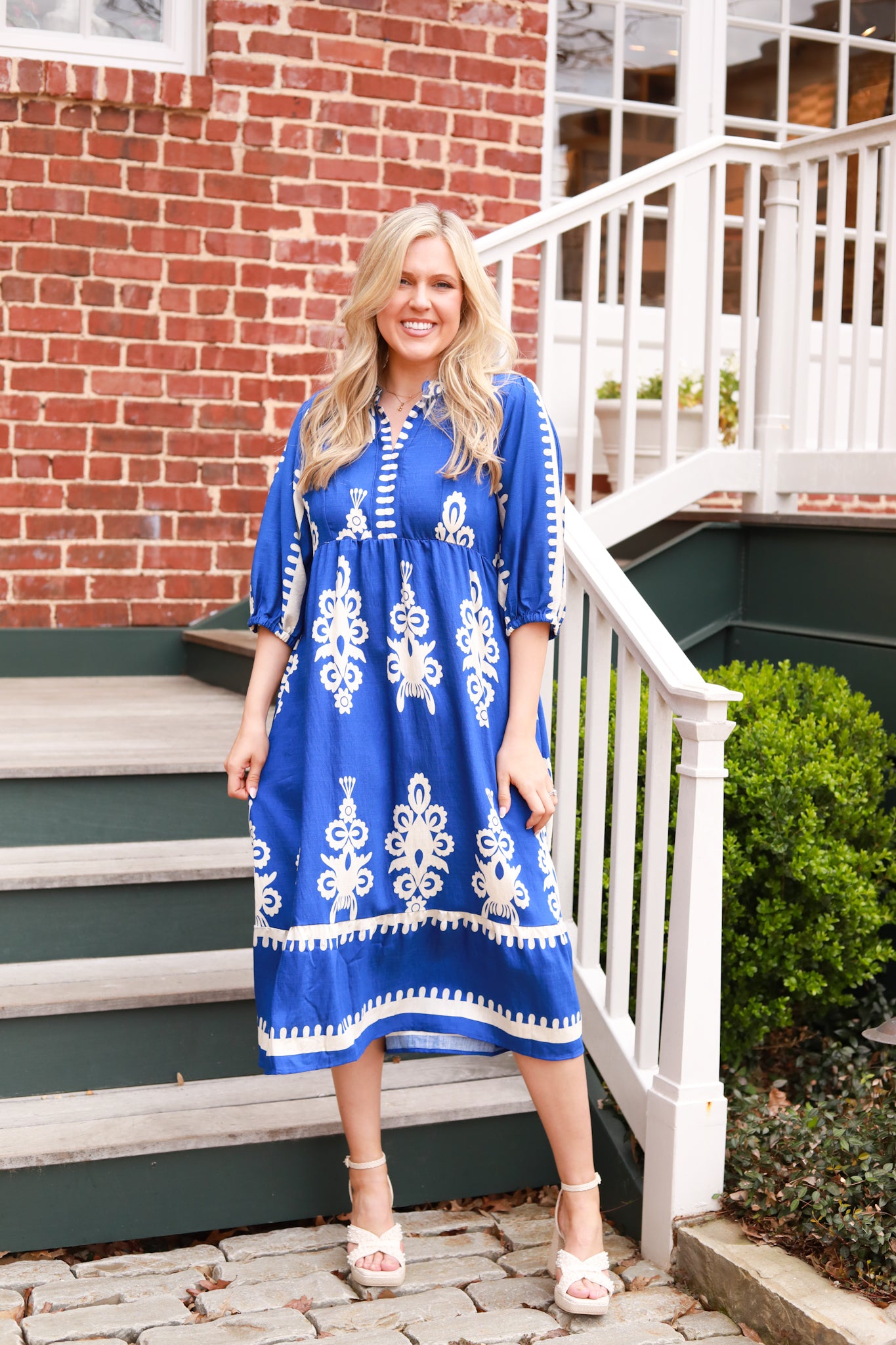 White Scroll Print Midi Dress