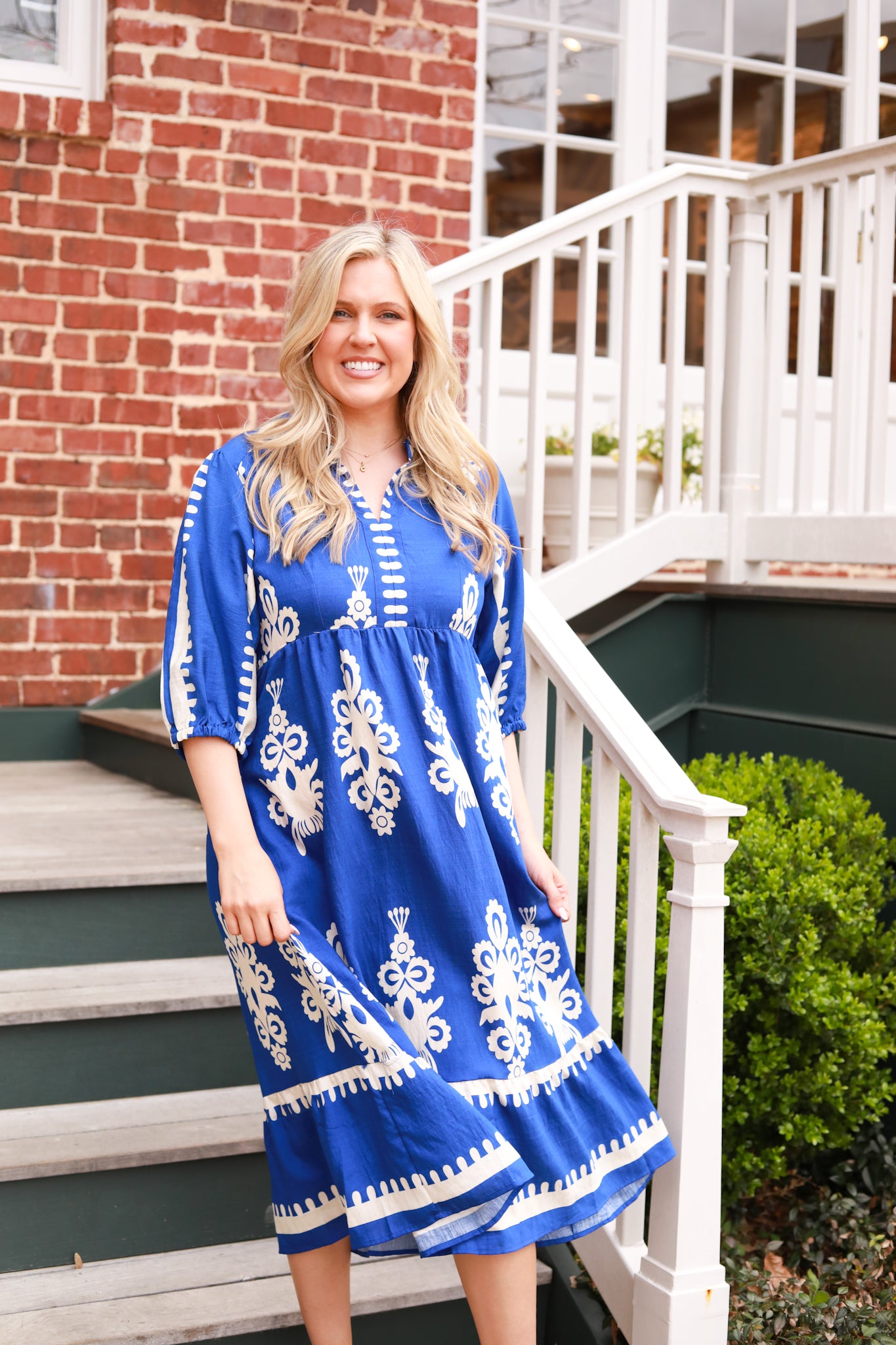White Scroll Print Midi Dress