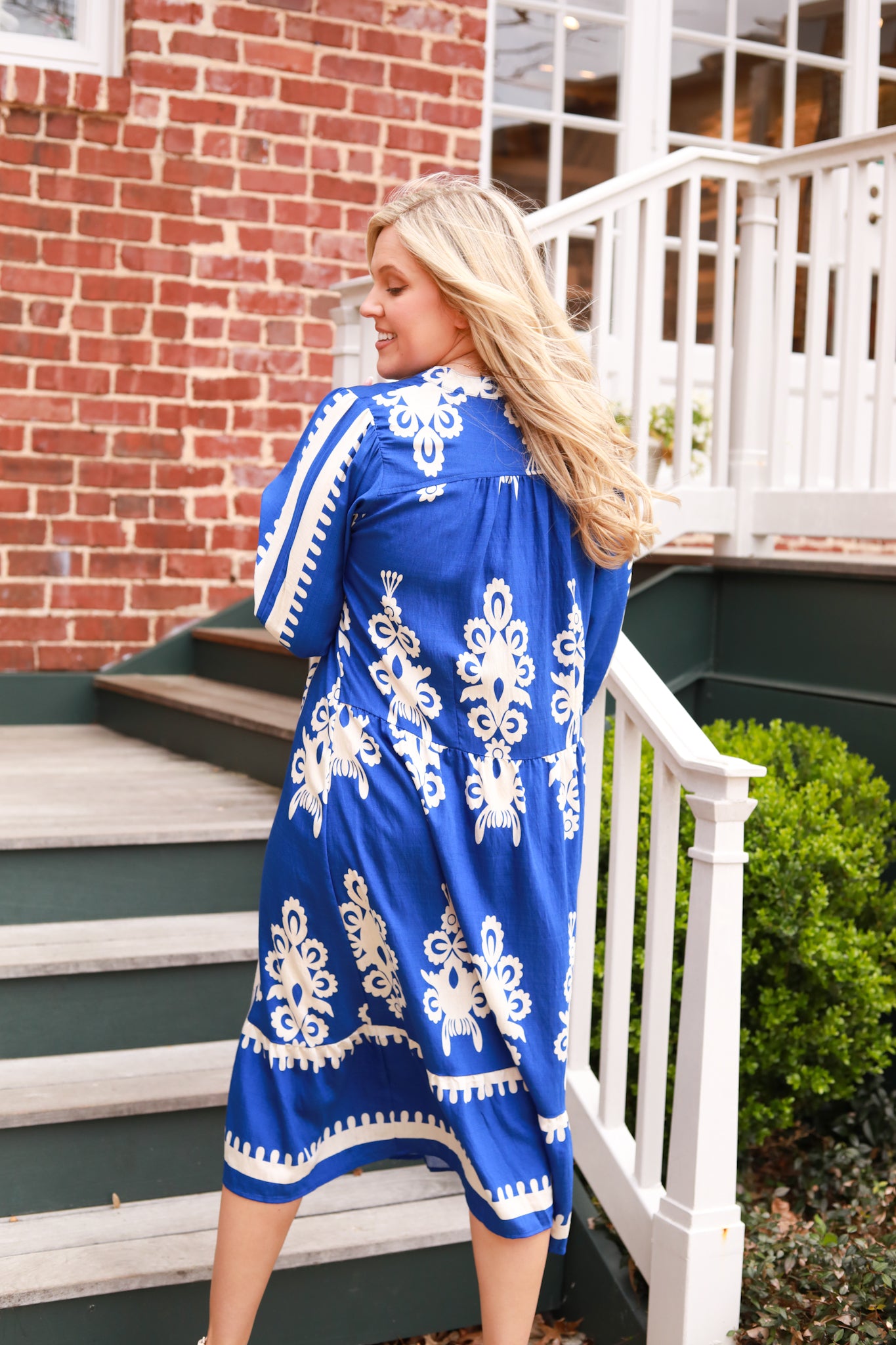 White Scroll Print Midi Dress